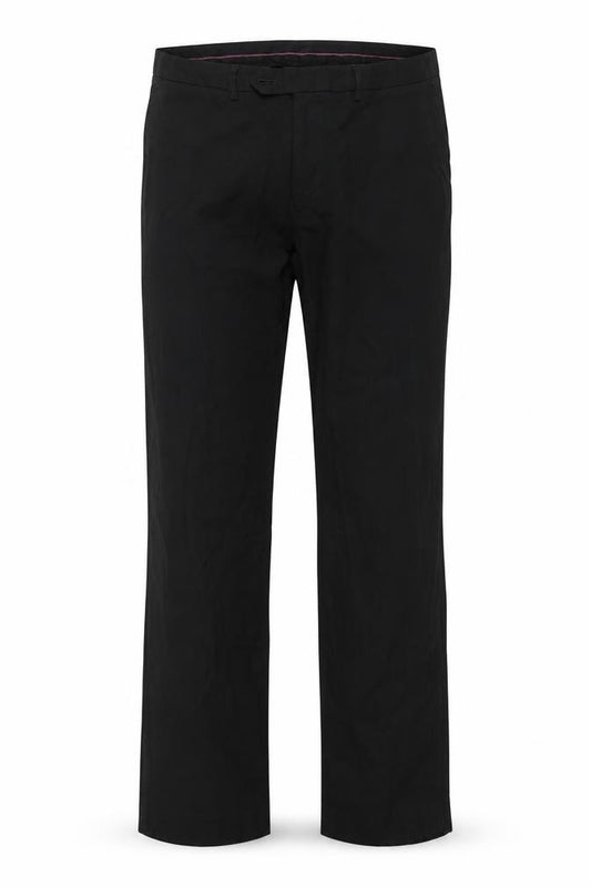 Front view of Preworn men’s black trousers, size 36, in, 31-inch leg