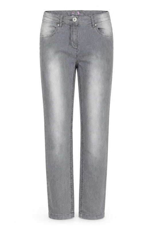 Front view of women’s grey straight jeans, size UK 26, in, 25-inch leg