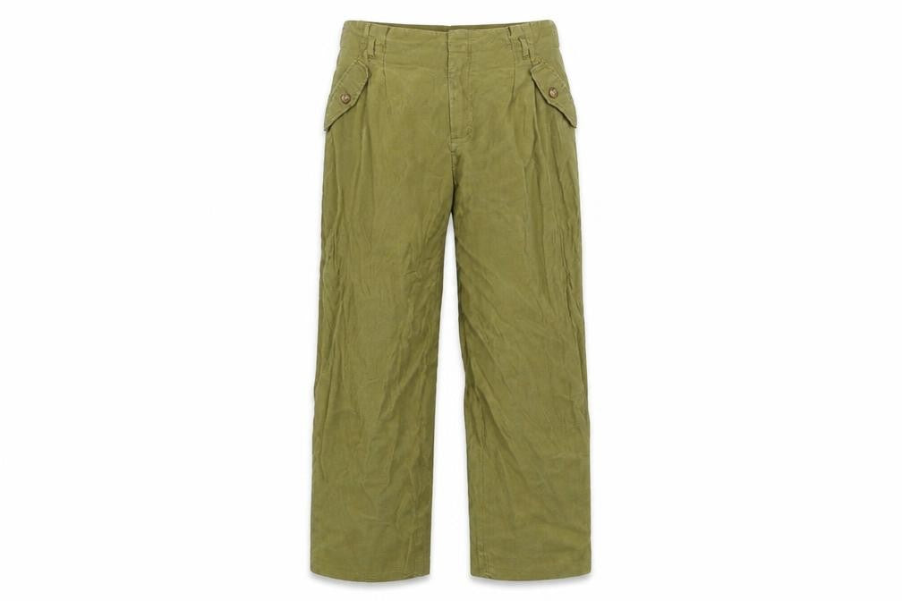 Front view of H&M women’s green trousers, size UK 12, 26-inch leg