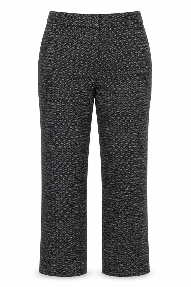 Front view of H&M women’s black argyle/diamond trousers, size UK 8, 25-inch leg