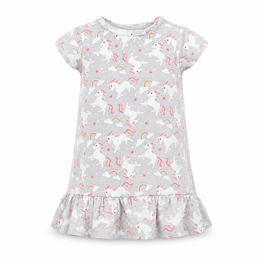 Front view of F&F girls’ grey t-shirt dress, size 18-24, months - unicorn