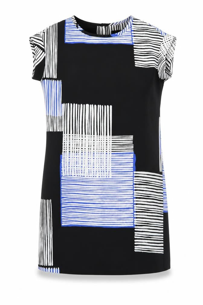 Front view of Next women’s black striped shift, size UK 8