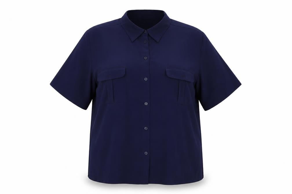 Front view of Bonmarché women’s blue basic button-up, size UK 18