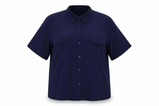 Front view of Bonmarché women’s blue basic button-up, size UK 18