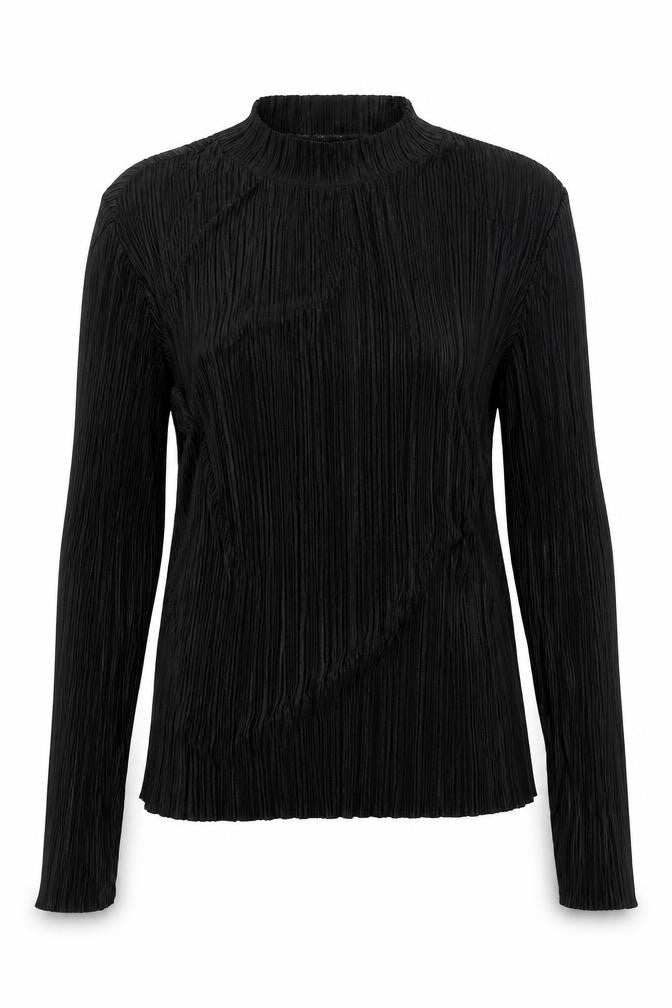 Front view of H&M women’s black basic blouse, size M, - pleated sheer