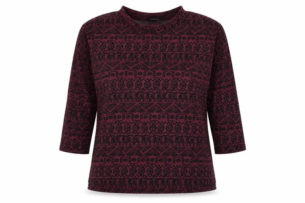 Front view of Atmosphere women’s purple geometric basic t-shirt, size UK 10