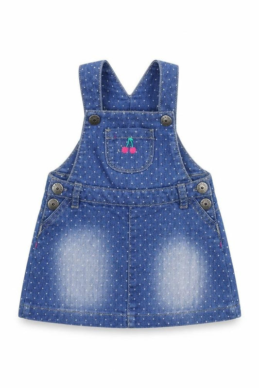 Front view of Very girls’ blue spotted denim a-line, size 9-12, months - dungaree dress