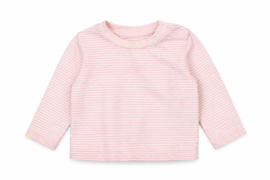 Front view of Very girls’ pink striped basic t-shirt, size 6-9, months