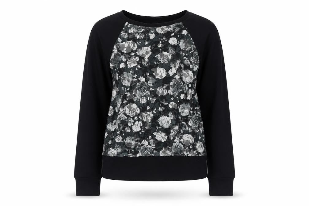Front view of Atmosphere women’s black floral jumper, size UK 10