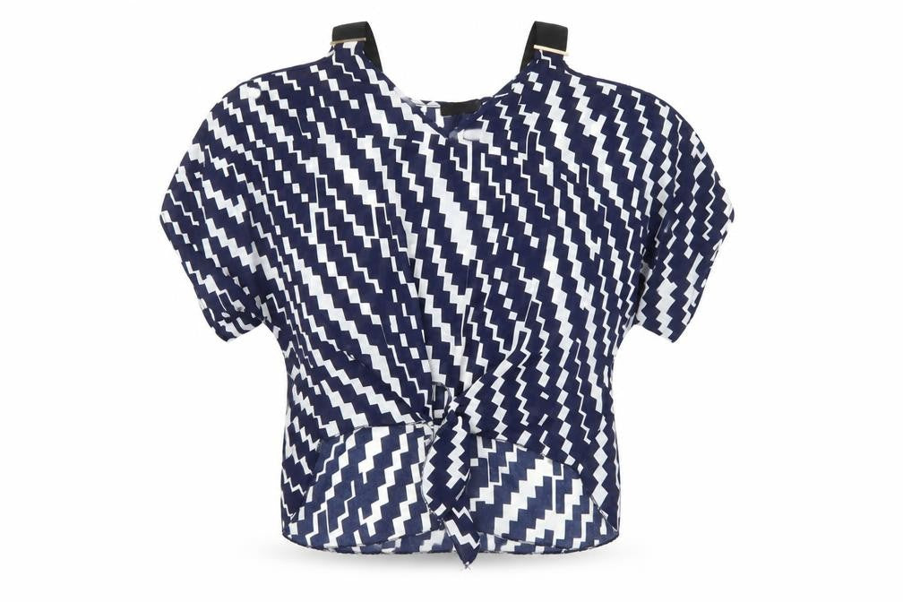 Vinceotto Womens Blue Geometric Mesh Basic Blouse Size L  - Open Shoulders