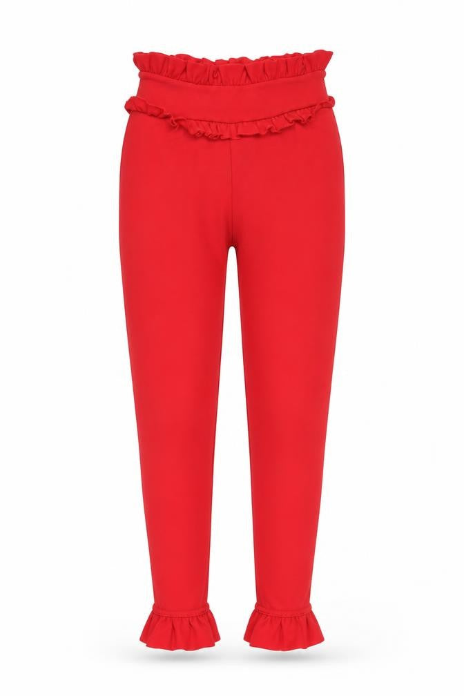 Front view of PRETTYLITTLETHING women’s red trousers, size UK 4, 22-inch leg
