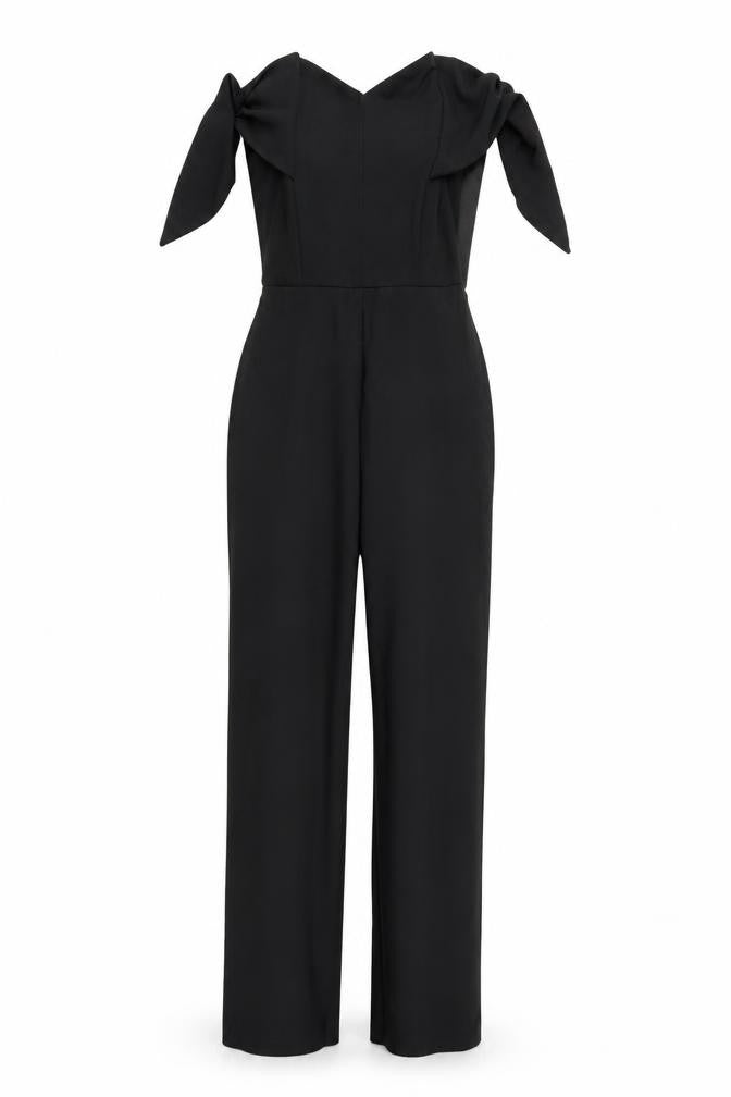 Front view of H&M women’s black jumpsuit one-piece, size UK 6, - strapless