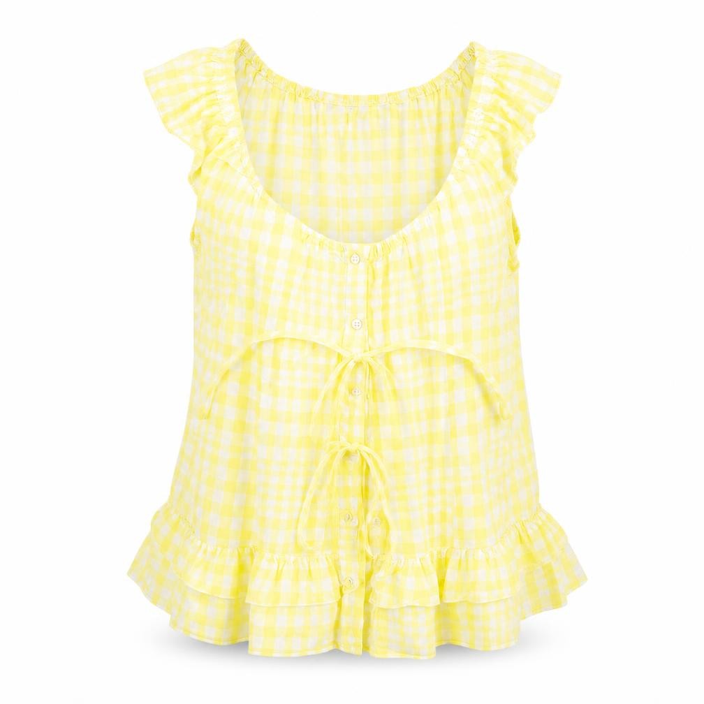 Front view of Vero Moda women’s yellow check basic button-up, size S