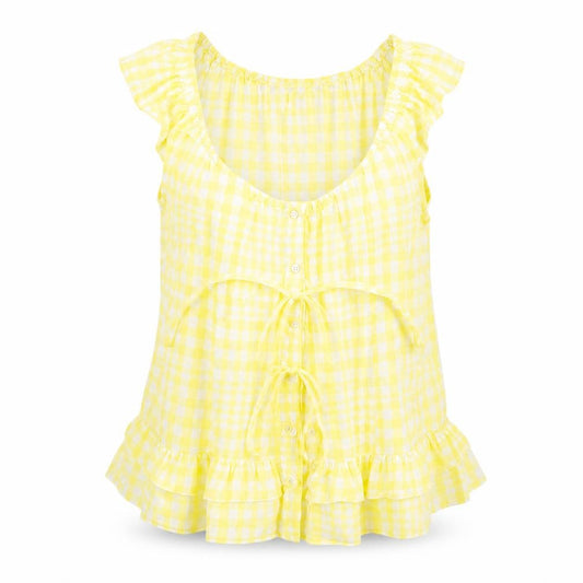 Front view of Vero Moda women’s yellow check basic button-up, size S
