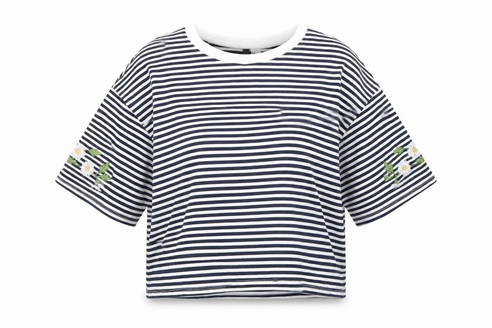 round Womens Blue Striped  Basic T-Shirt Size M