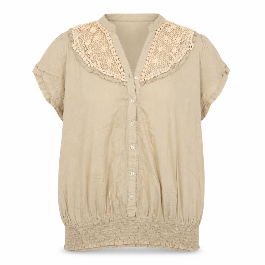 Front view of Miao women’s brown basic button-up, size 3XL