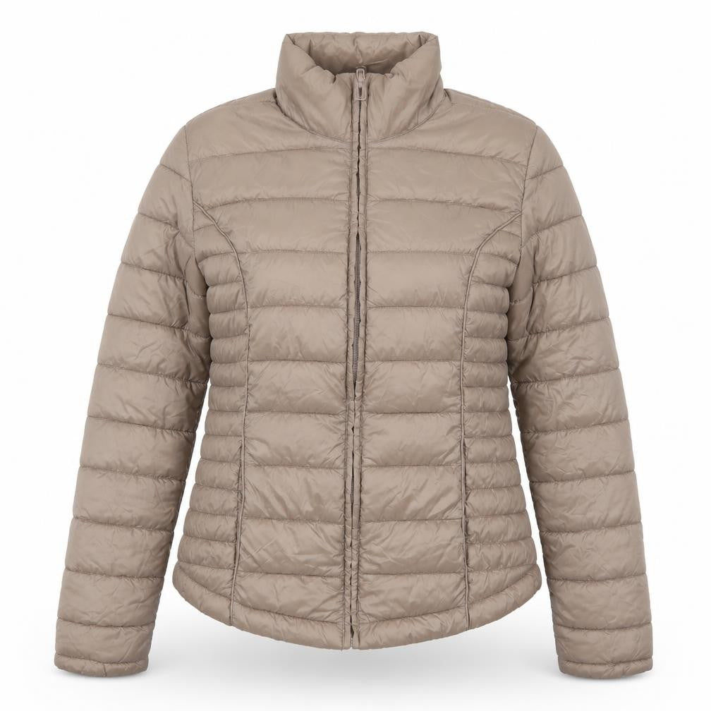 Front view of Atmosphere women’s brown quilted coat, size UK 6