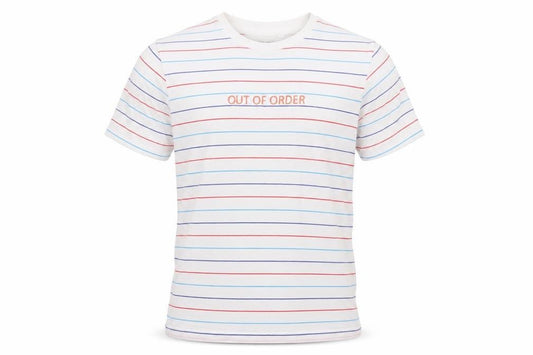Front view of Primark men’s white striped jersey t-shirt, size S, - out of order