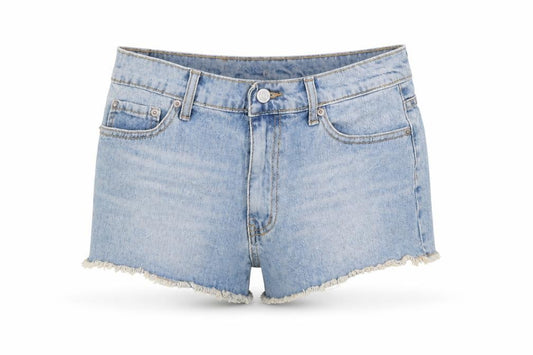Front view of Preworn women’s blue bermuda shorts, size UK 29, in