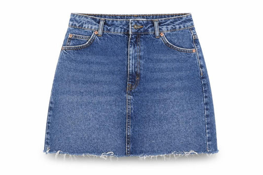 Front view of Topshop women’s blue a-line skirt, size UK 10
