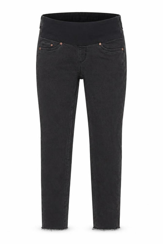 Front view of women’s black straight jeans, size UK 8, 28-inch leg