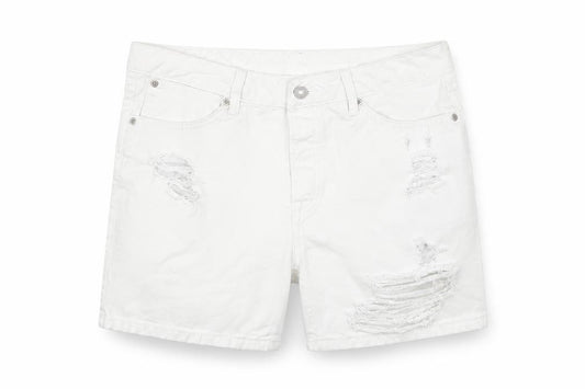 Front view of Preworn women’s white bermuda shorts, size UK 32