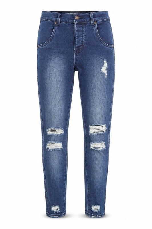 Front view of ILLUSIVE LONDON women’s blue denim mom jeans, size XS
