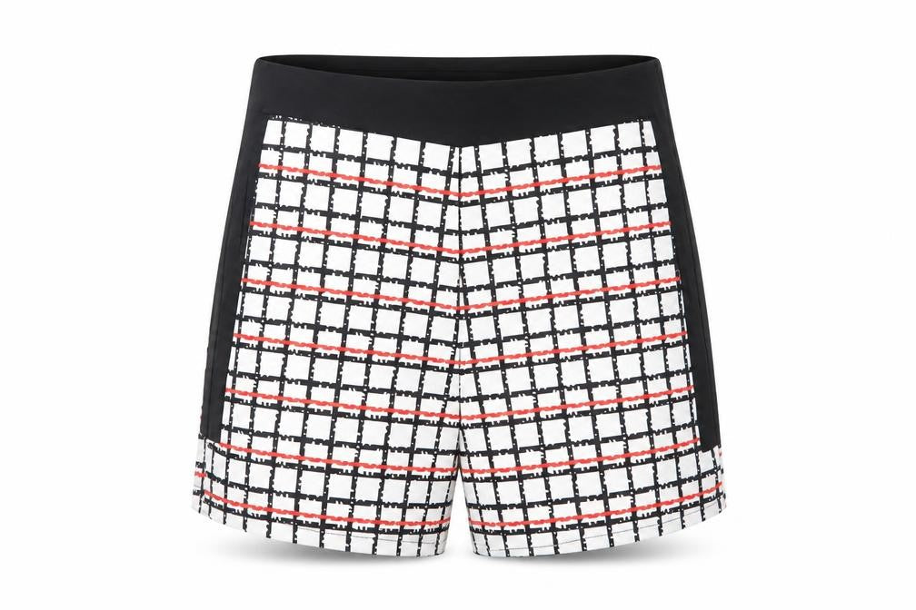 Front view of Missi women’s white check mom shorts, size UK 14