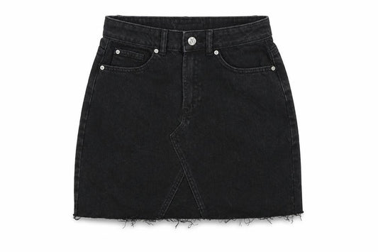 Front view of Denim Co women’s black denim a-line skirt, size UK 8