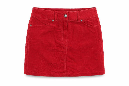 Front view of Hennes women’s red corduroy a-line skirt, size UK 8