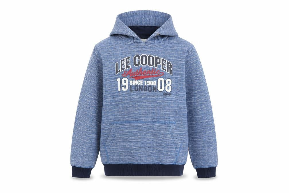 Front view of Lee Cooper boys’ blue striped pullover hoodie, size 13, years