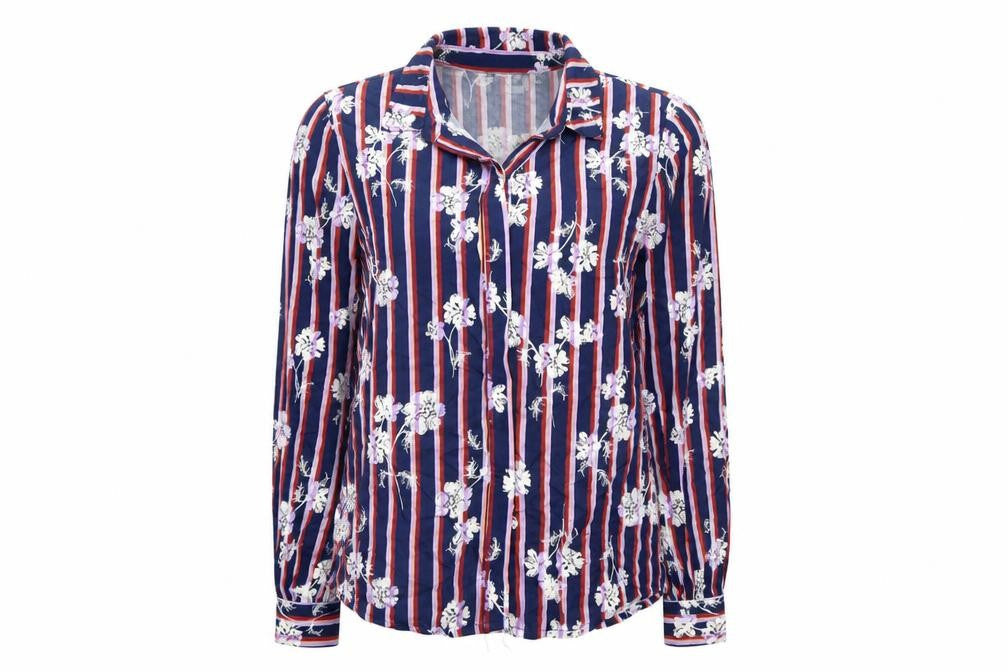 Front view of Saint Tropez women’s blue striped basic button-up, size S
