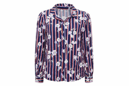 Front view of Saint Tropez women’s blue striped basic button-up, size S