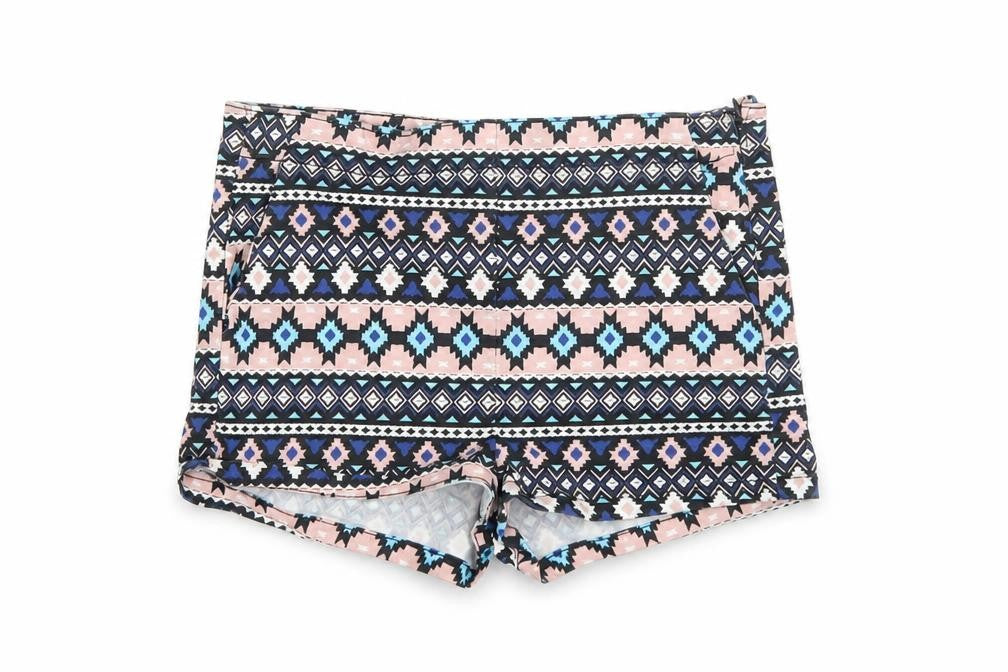 Front view of H&M women’s multicoloured geometric cut-off shorts, size UK 12