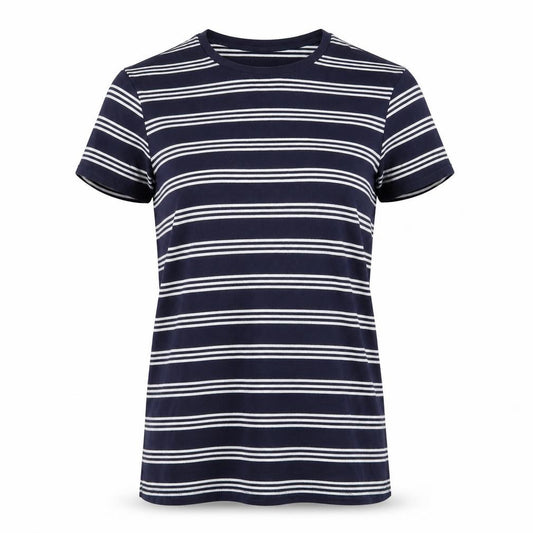 Front view of ASOS women’s blue striped basic polo, size UK 10