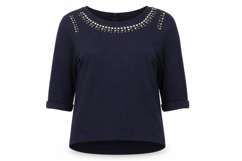 Front view of H&M women’s blue pullover sweatshirt, size L
