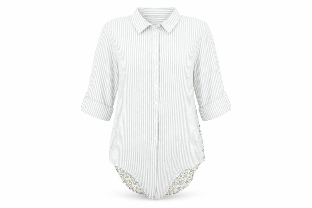 Front view of love notes women’s green striped basic button-up, size S, - flower detail