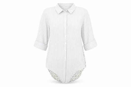 Front view of love notes women’s green striped basic button-up, size S, - flower detail