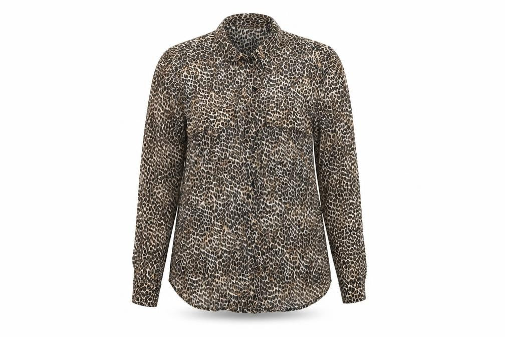 Front view of Bershka women’s brown animal print basic button-up, size S