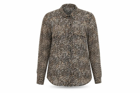 Front view of Bershka women’s brown animal print basic button-up, size S