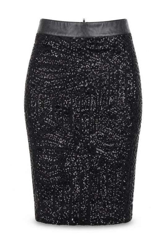 Front view of Preworn women’s black bandage skirt, size S