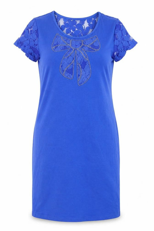 Front view of Frime women’s blue shirt dress, size L, - lace detail