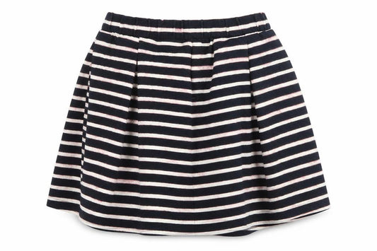 Front view of Next women’s black striped flare skirt, size UK 14