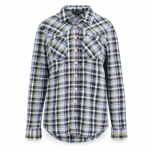 Front view of Dorothy Perkins women’s blue plaid basic button-up, size UK 12