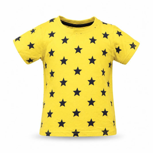 Front view of Primark Baby Yellow Jersey Basic T-Shirt, size 12-18, Months - Star Print
