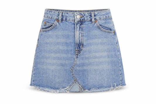 Front view of Topshop women’s blue flare skirt, size UK 8