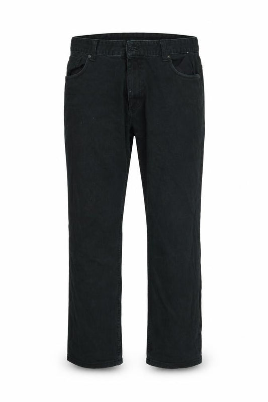 Front view of pre worn men’s black trousers, size L, 30-inch leg