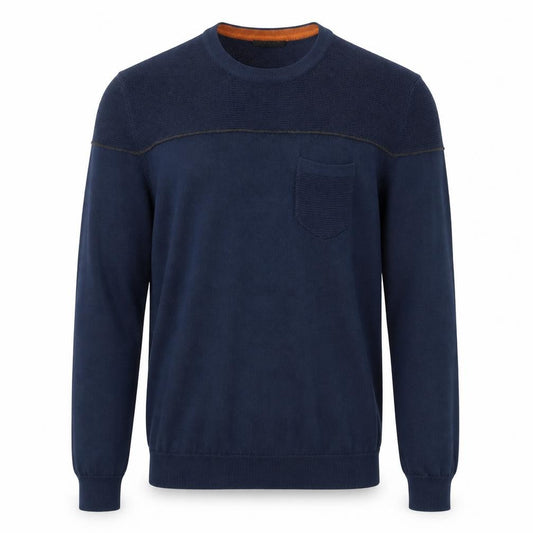 Front view of sisler men’s blue jumper, size M