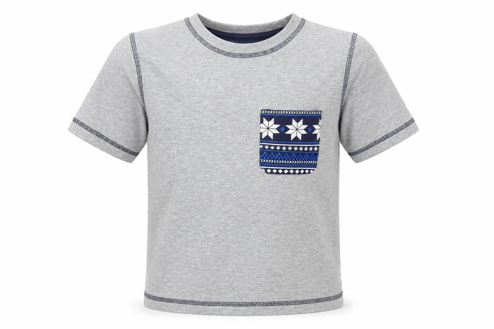 Front view of Primark boys’ grey basic t-shirt, size 7-8, years - pattern on pocket