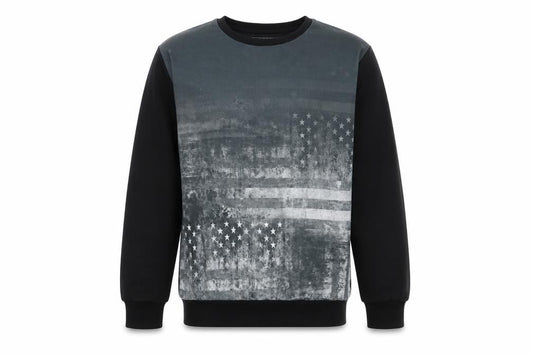Front view of Rebel boys’ black pullover sweatshirt, size 12-13, years - stars and stripes american flag